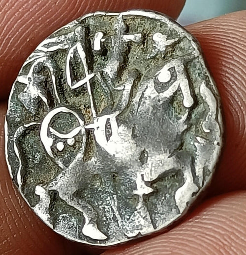#X10#Indian OHINDA DYNASTY Samanta Deva(850-1000AD) HORSE & BULL SILVER coin