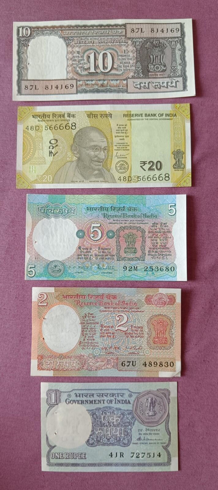 🇮🇳 India🇮🇳 Old different 20-10-5-2-1 Rupees 5 Notes-Uncirculated-Crispy