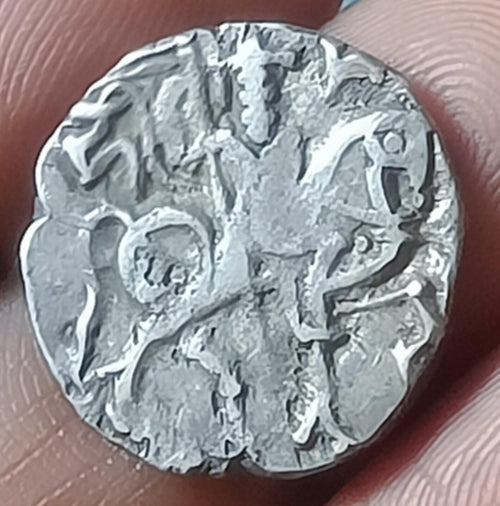 #A40#Indian OHINDA DYNASTY Samanta Deva HORSE -BULL SILVER coin BEAUTIFUL GRADE