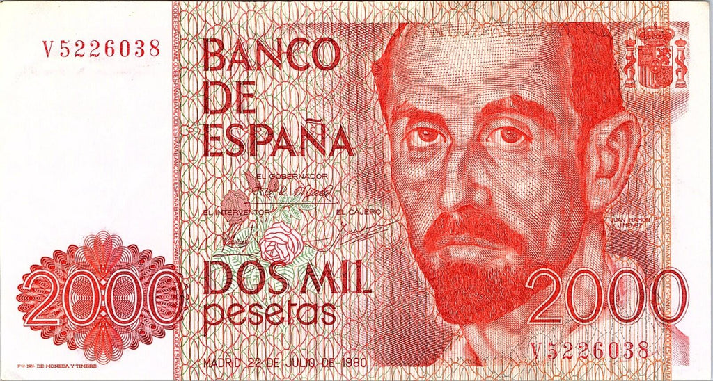 SPAIN 2000 PESETAS 1980 x 1 Pcs PRE EURO RAMON JIMENEZ UNC CURRENCY NOTE