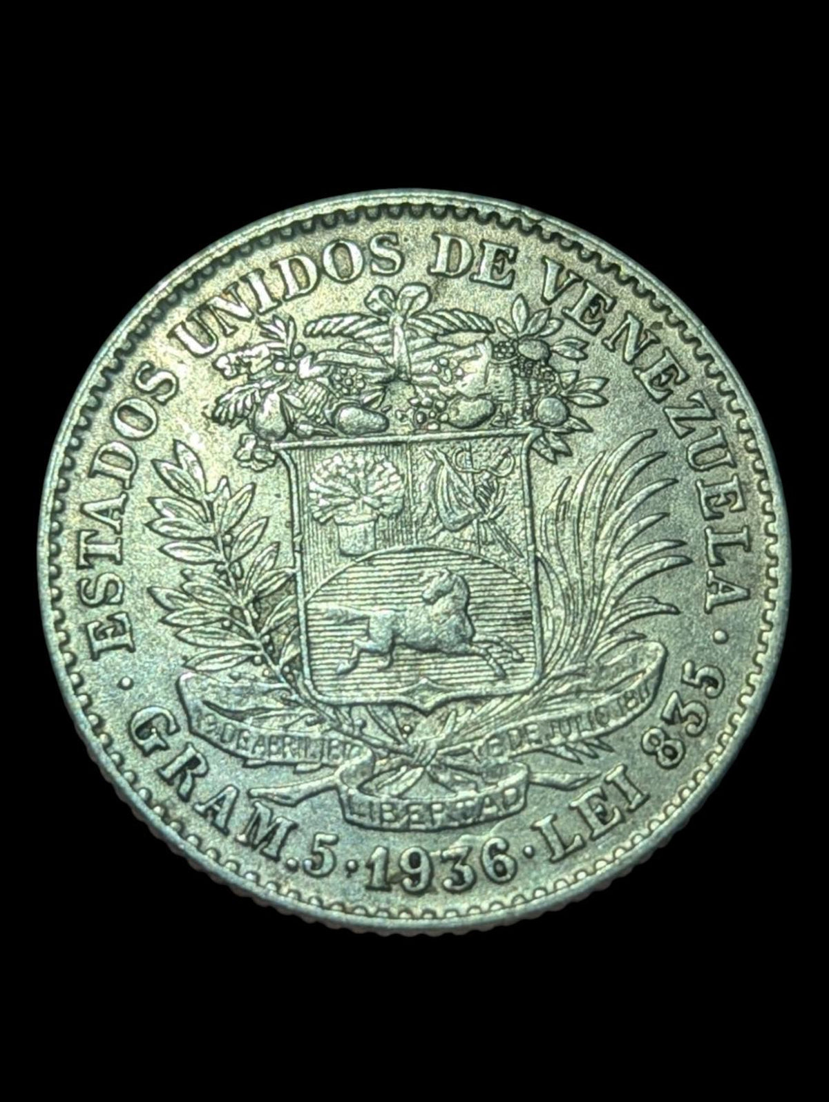 1936 Freemason President Simon Bolivar VENEZUELA Silver Coin