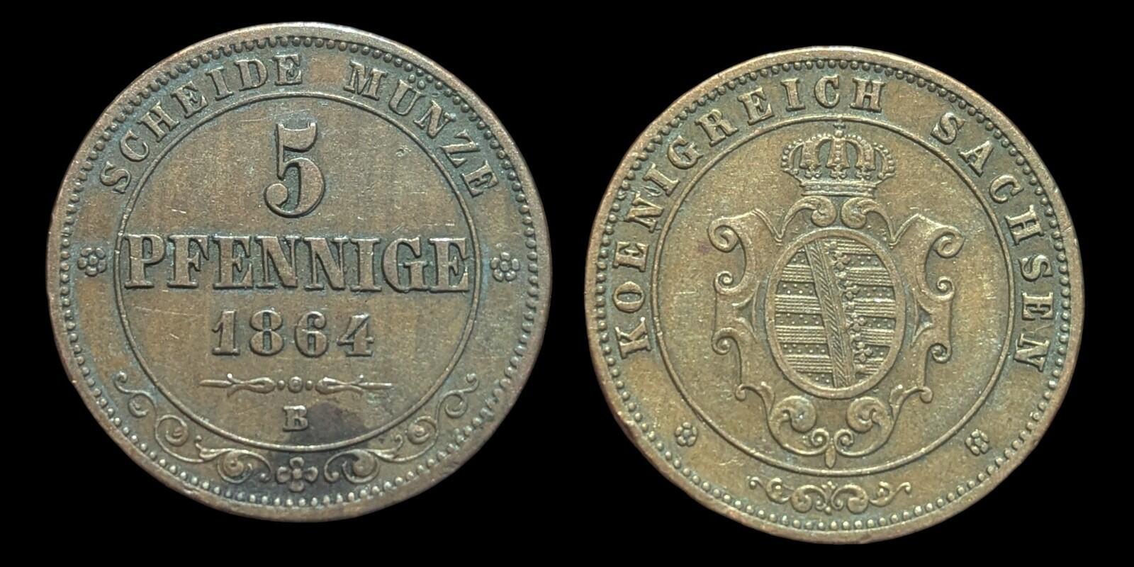 1864 B German States SAXONY ALBERTINE KING JOHANN I Old 5 Pfennig Coin