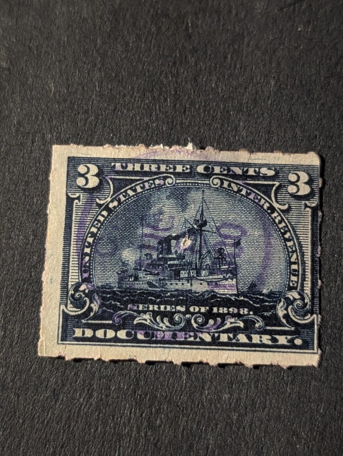 R165 - 1898 3c Battleship, Documentary Revenue Stamp, Dark Blue, Rouletted 5.5