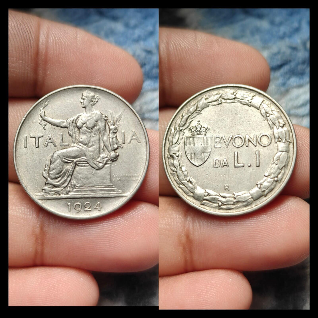 1924 Italie Une 1 Lire Femme assise à gauche Nickel Monnaie du monde Monnaie rare