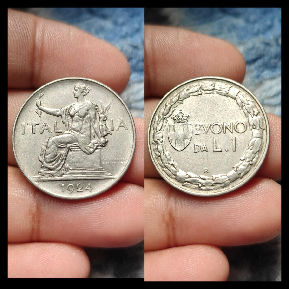 1924 Italie Une 1 Lire Femme assise à gauche Nickel Monnaie du monde Monnaie rare