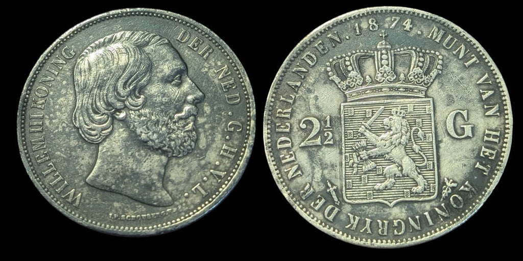 1874 Netherlands William III 2 1/2 Gulden .945 Fine Silver Coin KM# 82