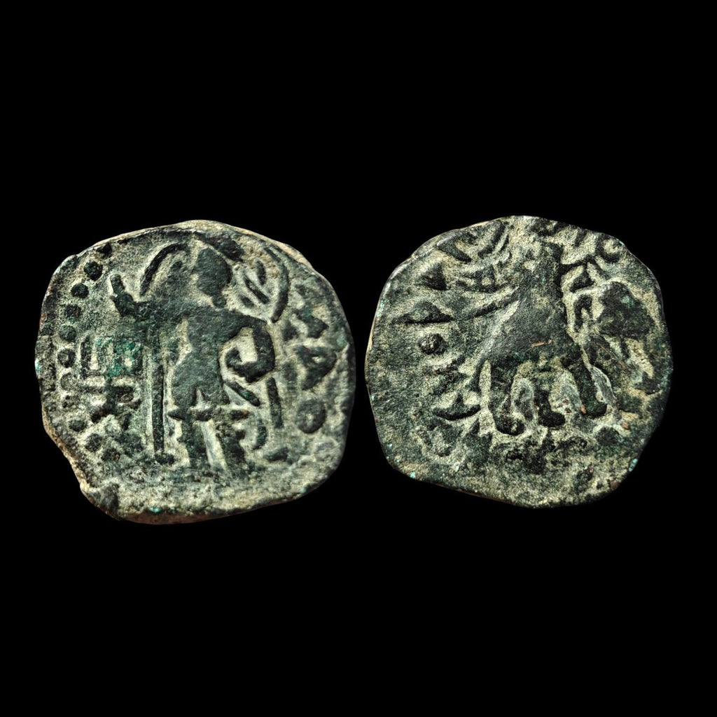 HUVISHKA Kushan Empire INDIA Ancient Authentic Greek Coin MAO ELEPHANT*