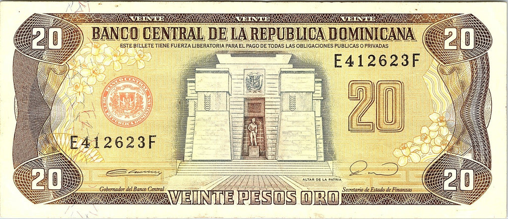 DOMINICAN REPUBLIC-20 PESOS ORO-1990-SERIAL NUMBER E Better Grade