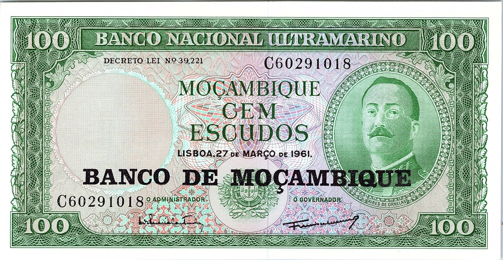 Mozambique 100  Escudos 27.3.1961 / 1976 circulated Banknote