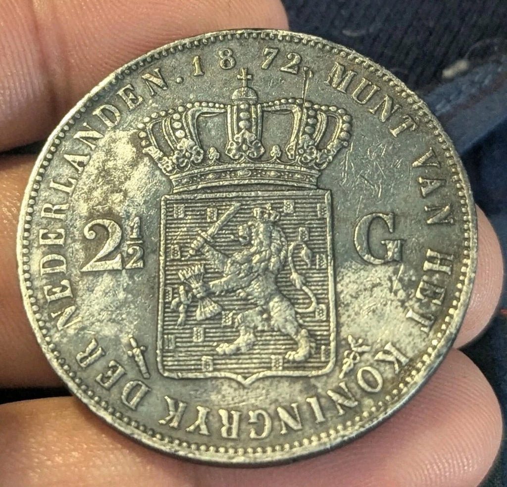 1872 Netherlands William III 2 1/2 Gulden .945 Fine Silver Coin KM# 82