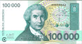 CROATIA 100,000 DINARA 1993 UNC KNIN FORTRESS ON HILL AT LEFT CENTER,STATUE OF S
