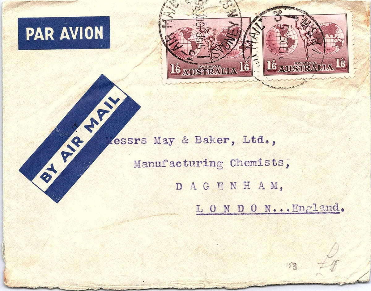 Australia 1937 1/6d Mercury & Globes (2) Air Mail Cover Sydney to May & Baker UK