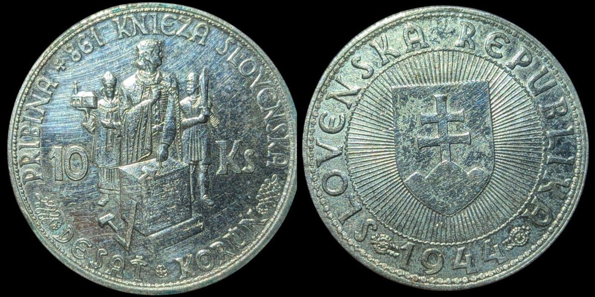 Slovakia 10 Korun, 1944, Prince Pribina, (with cross) Silver coin