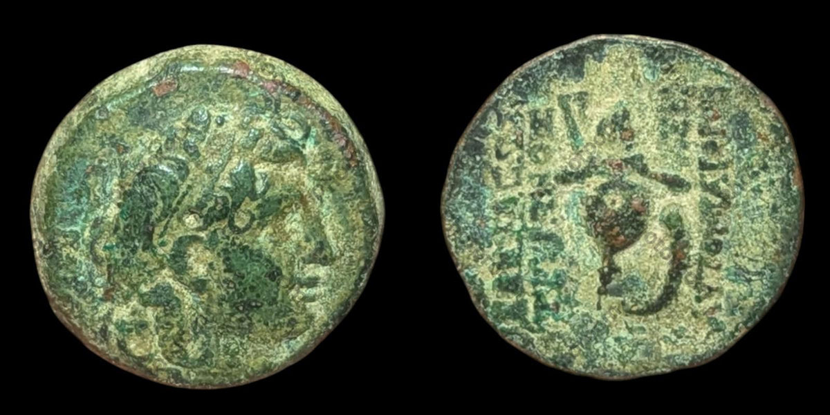 古希腊青铜色特里丰塞琉古国王公元前142年马其顿头盔硬币#