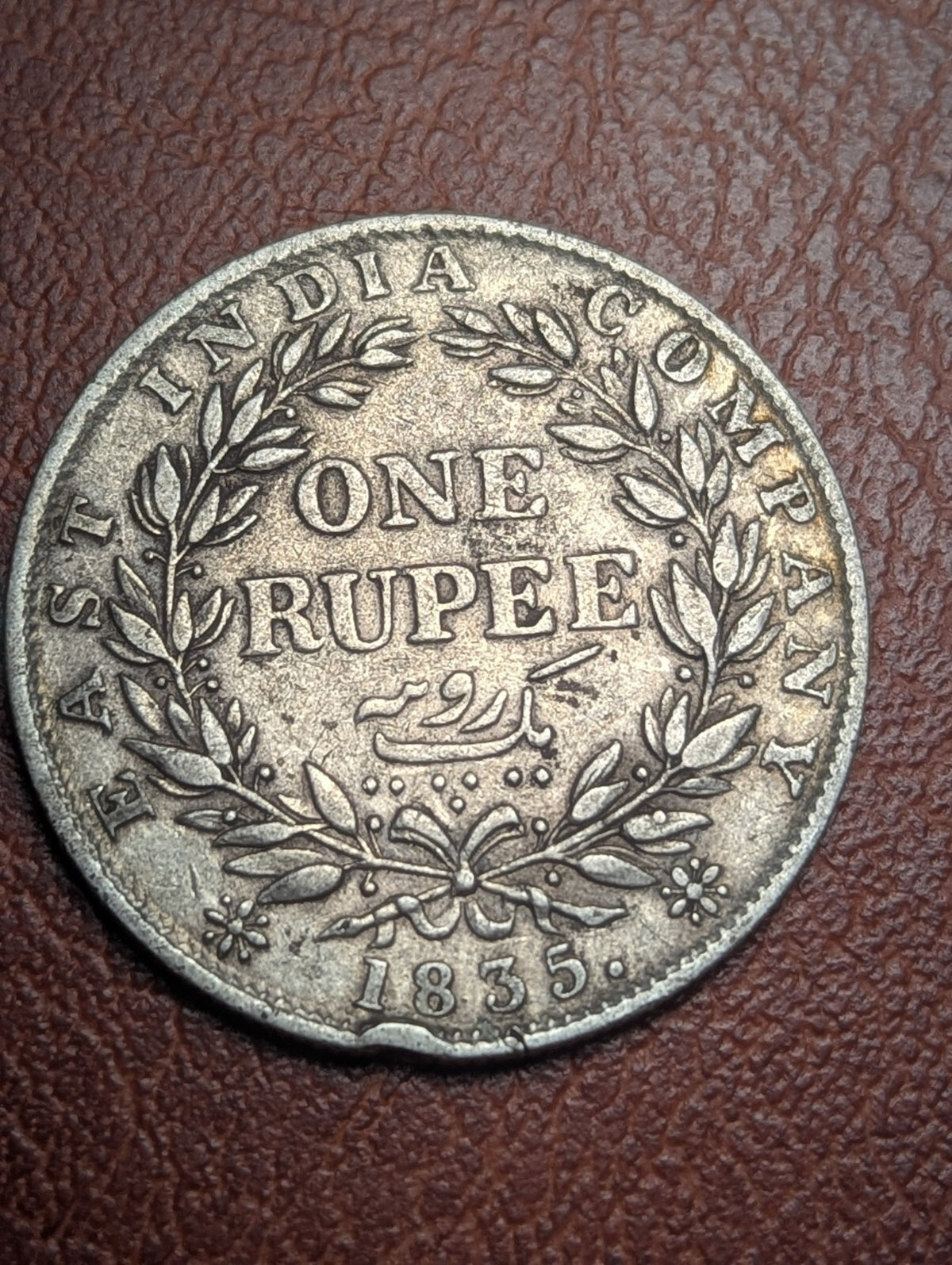 British East India Company 1835 silver Rupee of William rare F Incuse Chopmark