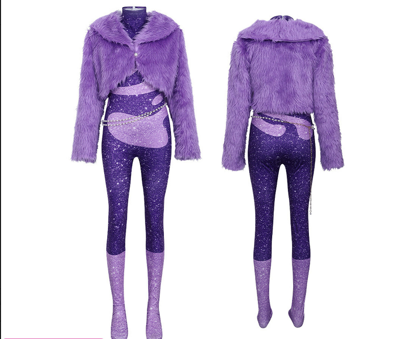 Zootopia Shakira Cosplay Purple Sequin Bodysuit Faux Fur Coat Set Stage Performance Costume