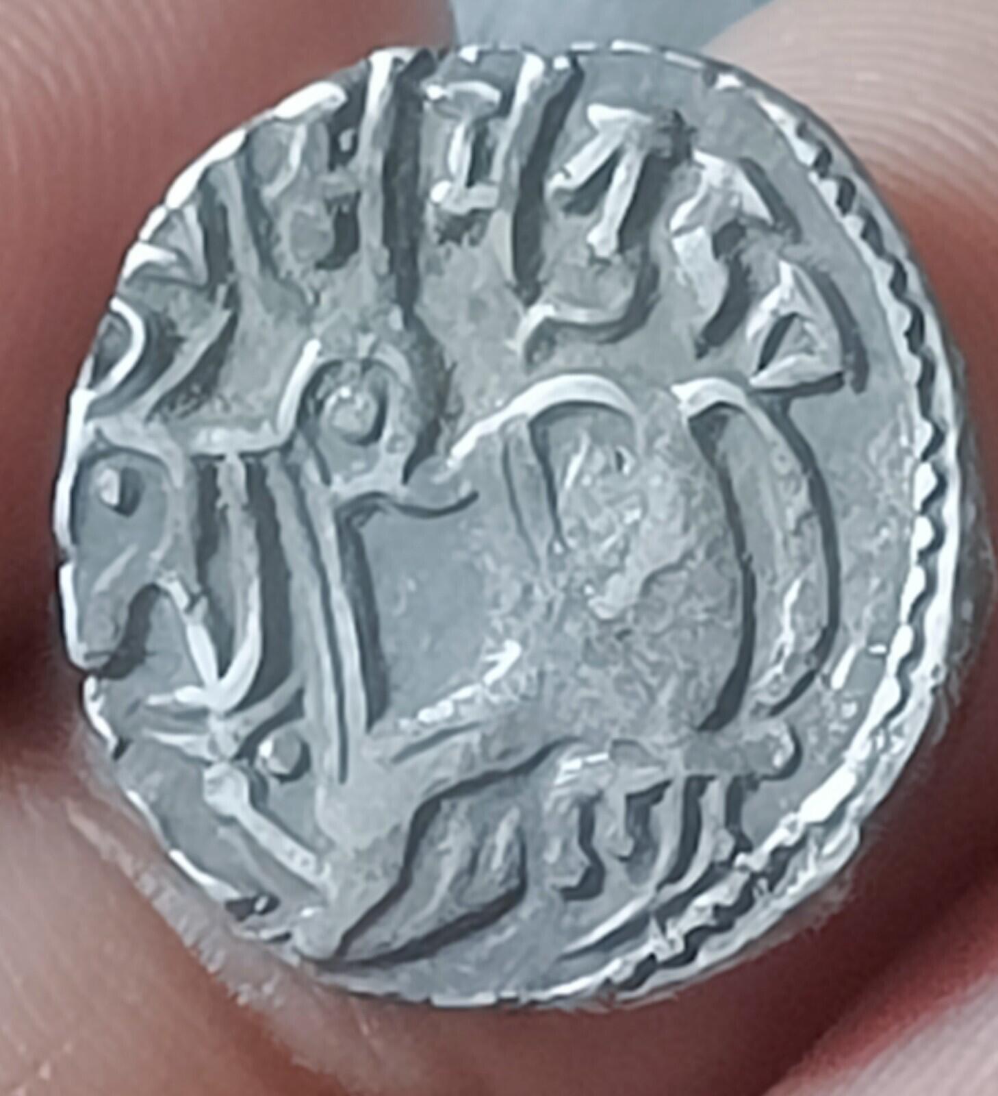 #A40#Indian OHINDA DYNASTY Samanta Deva HORSE -BULL SILVER coin BEAUTIFUL GRADE