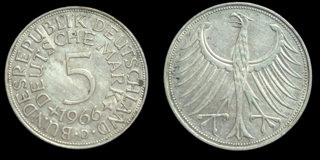 1966-D Germany Federal Republic 5 Mark  Xf Extra Fine 0.625 Silver Coin