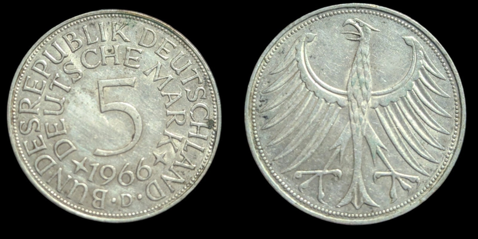 1966-D Germany Federal Republic 5 Mark  Xf Extra Fine 0.625 Silver Coin