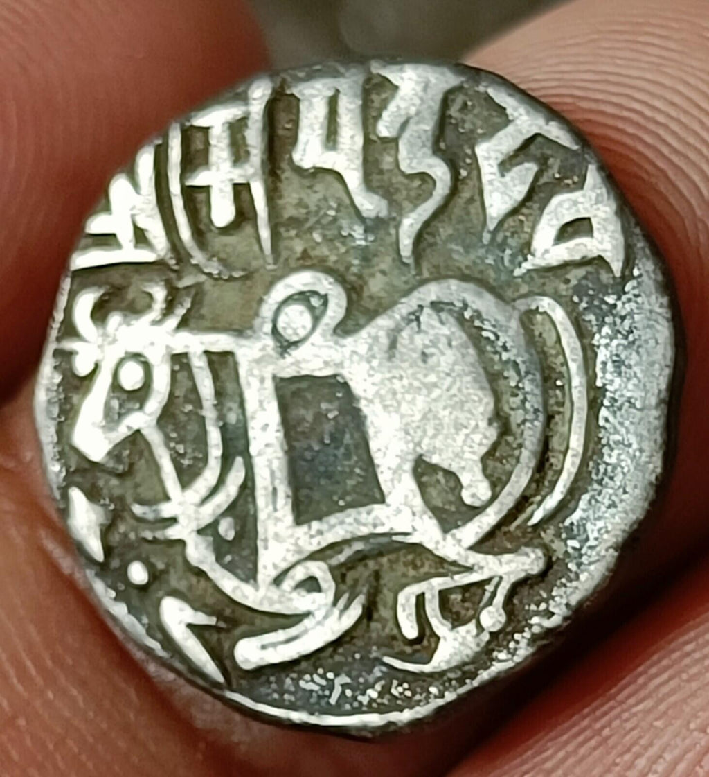 #X16#Indian OHINDA DYNASTY Samanta Deva HORSE & BULL SILVER coin BEAUTIFUL GRADE