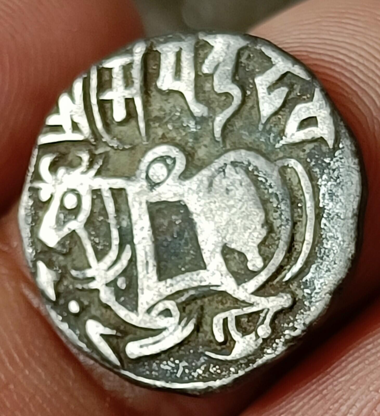 #X16#Indian OHINDA DYNASTY Samanta Deva HORSE & BULL SILVER coin BEAUTIFUL GRADE