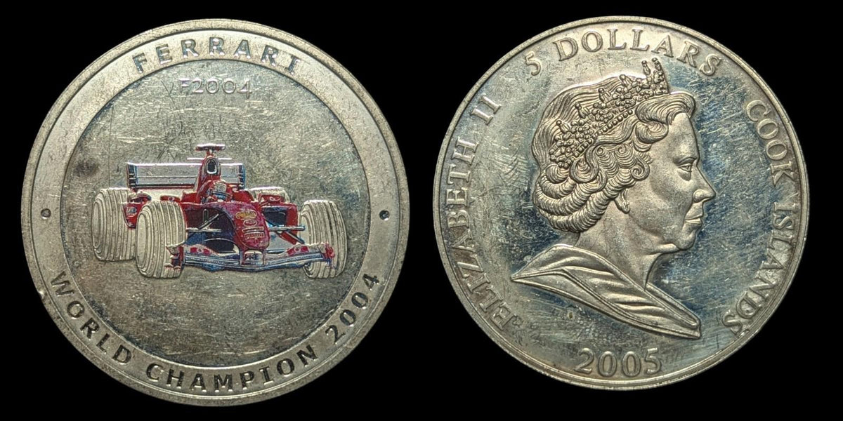 ÎLES COOK. 2005, 5 Dollars, Argent - 🥇 Ferrari F2004