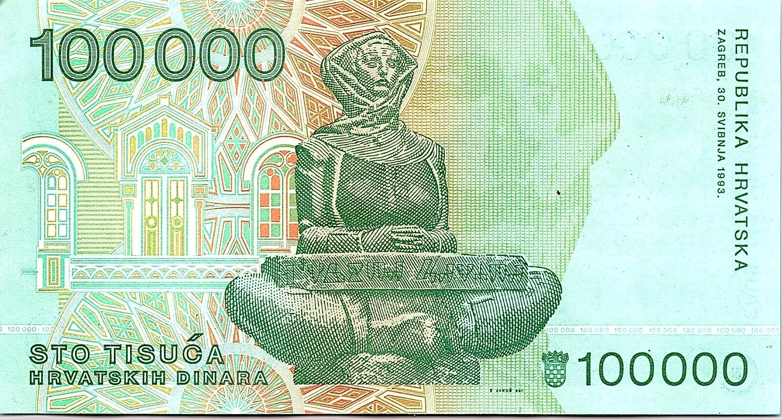 CROATIA 100,000 DINARA 1993 UNC KNIN FORTRESS ON HILL AT LEFT CENTER,STATUE OF S
