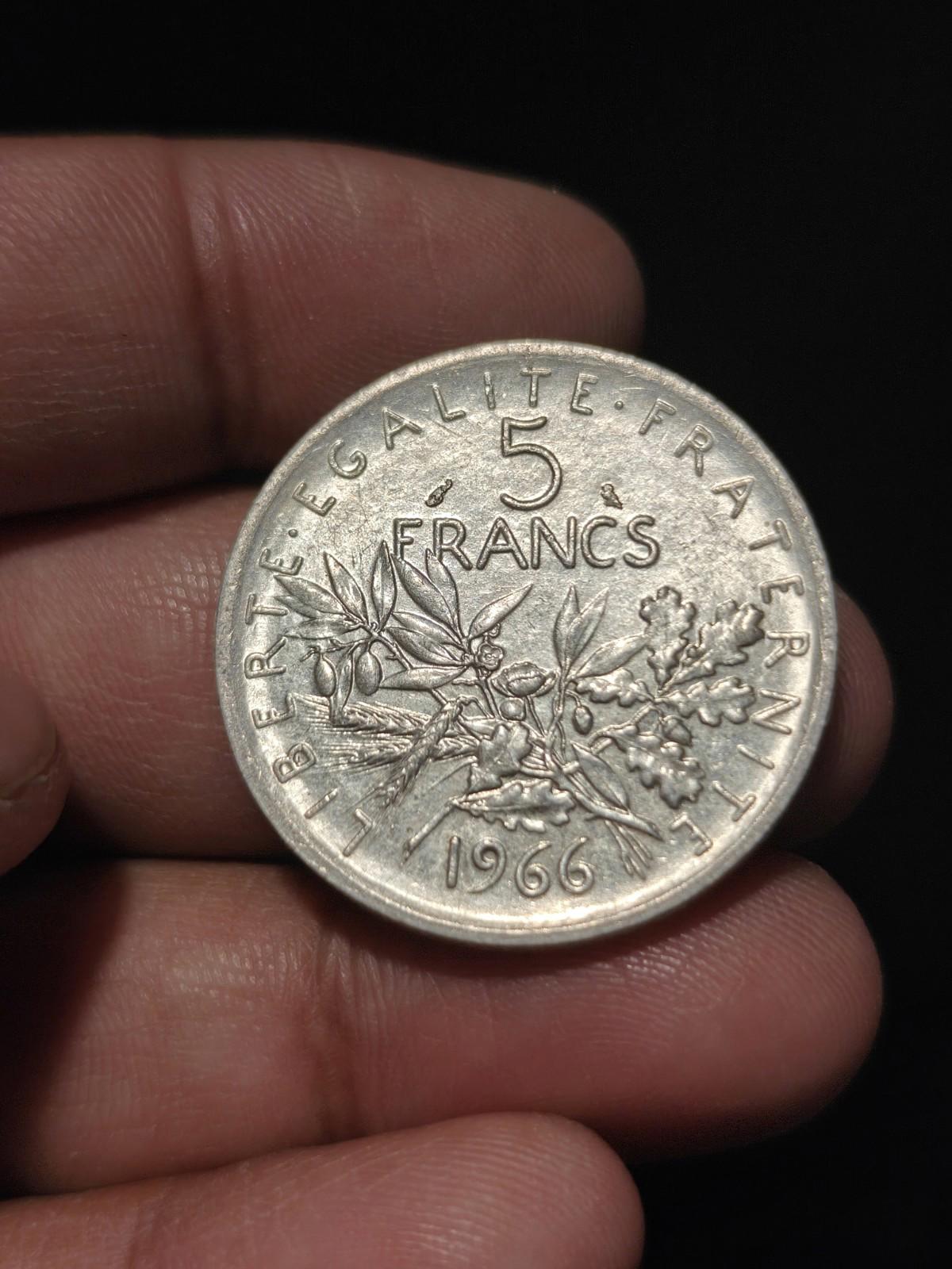 1966 FRANCE Grande Pièce de 5 Francs en Argent avec La Semeuse FEMME19#
