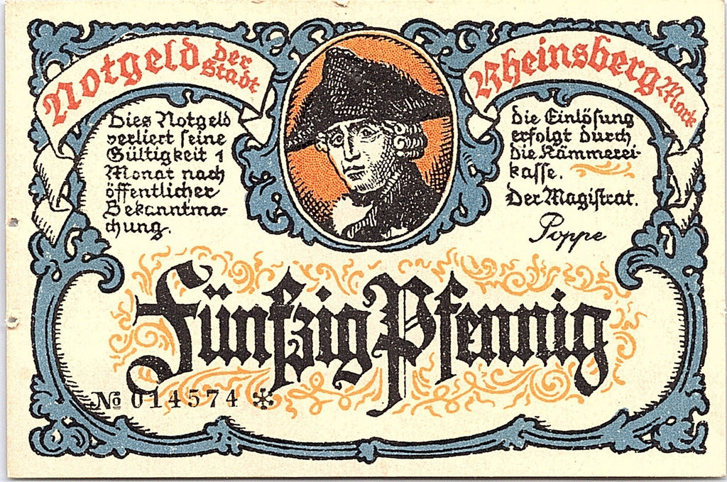 RHEINSBERG NOTGELD 50 PFENNIG 1921 EMERGENCY MONEY GERMANY BANKNOTE Post WWI