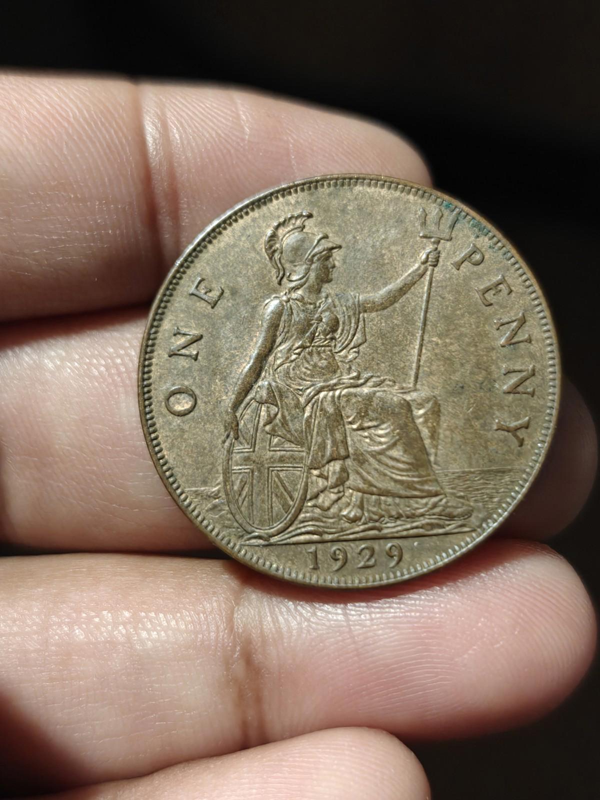 1929 Grande-Bretagne Royaume-Uni Une 1 Penny George V Belle pièce réelle Brillant