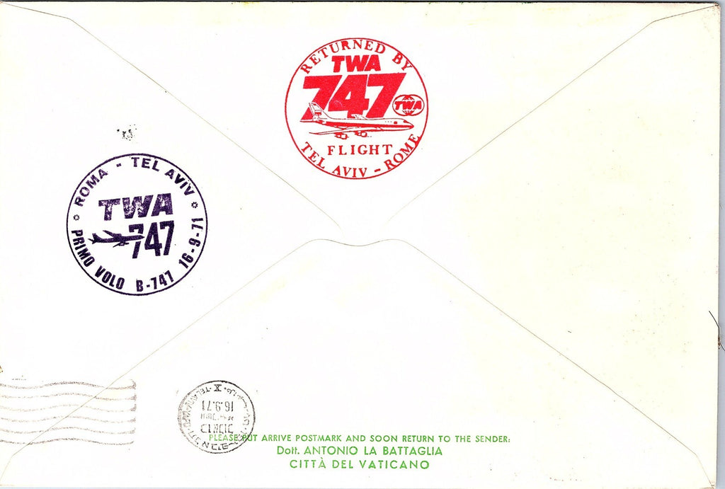 Israel Cover 1st TWA 747 Service Flight Tel-Aviv-Rome, Italy 1971. x46170