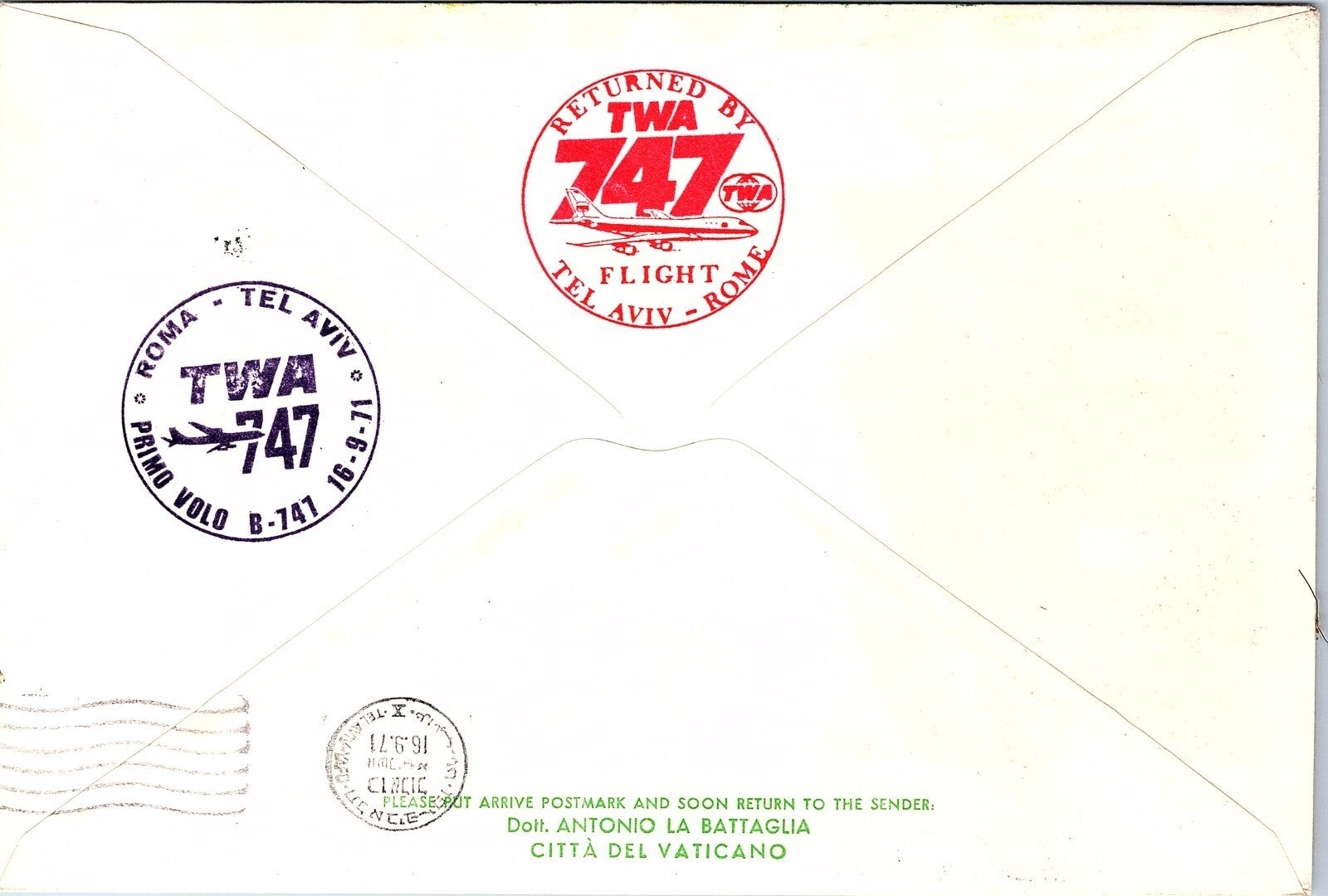 Israel Cover 1st TWA 747 Service Flight Tel-Aviv-Rome, Italy 1971. x46170
