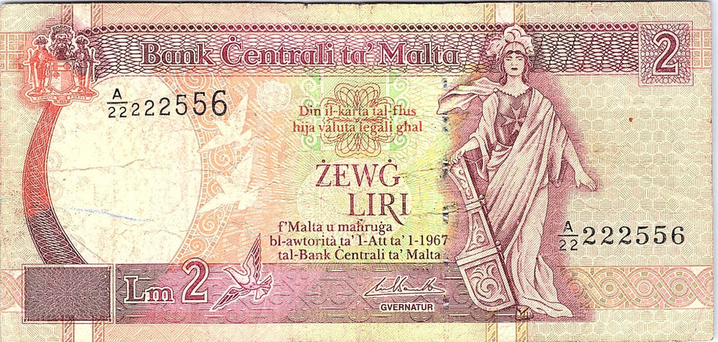 Malta 2 Liri L.1967 BANKNOTE Better Grade