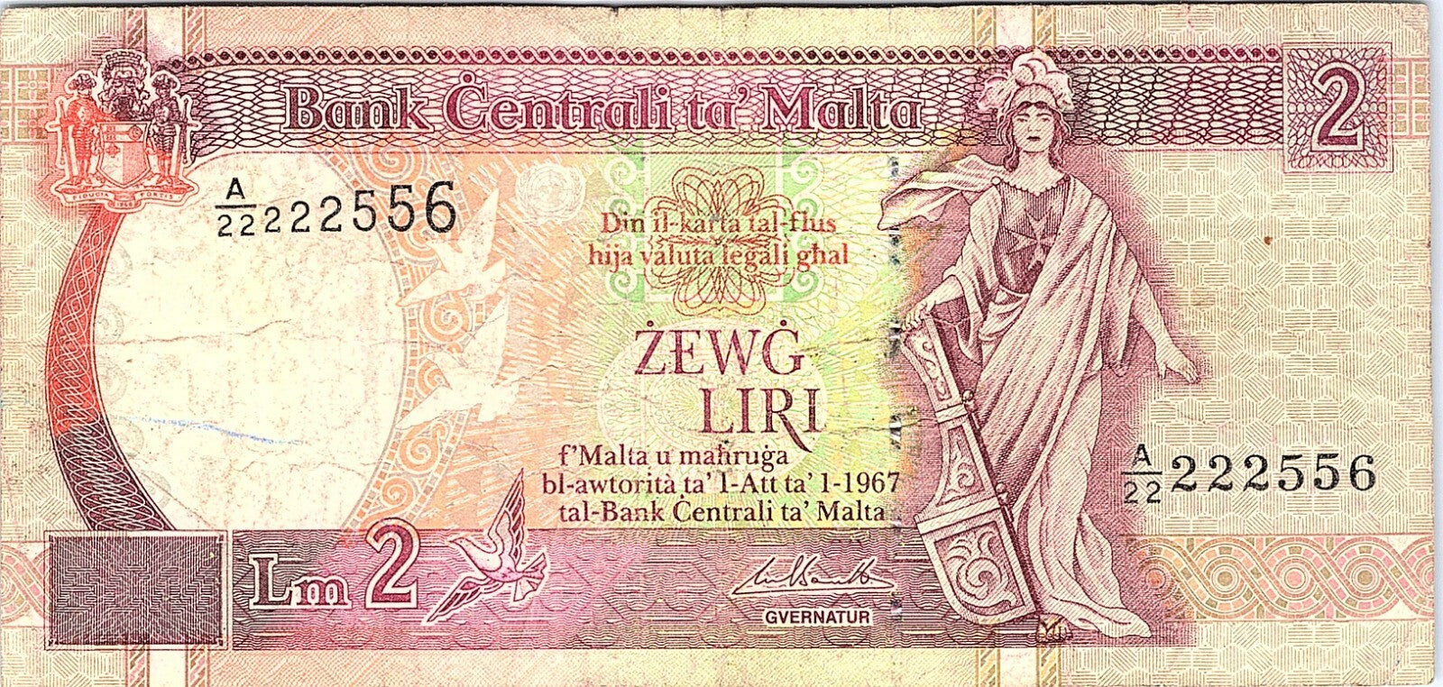 Malta 2 Liri L.1967 BANKNOTE Better Grade