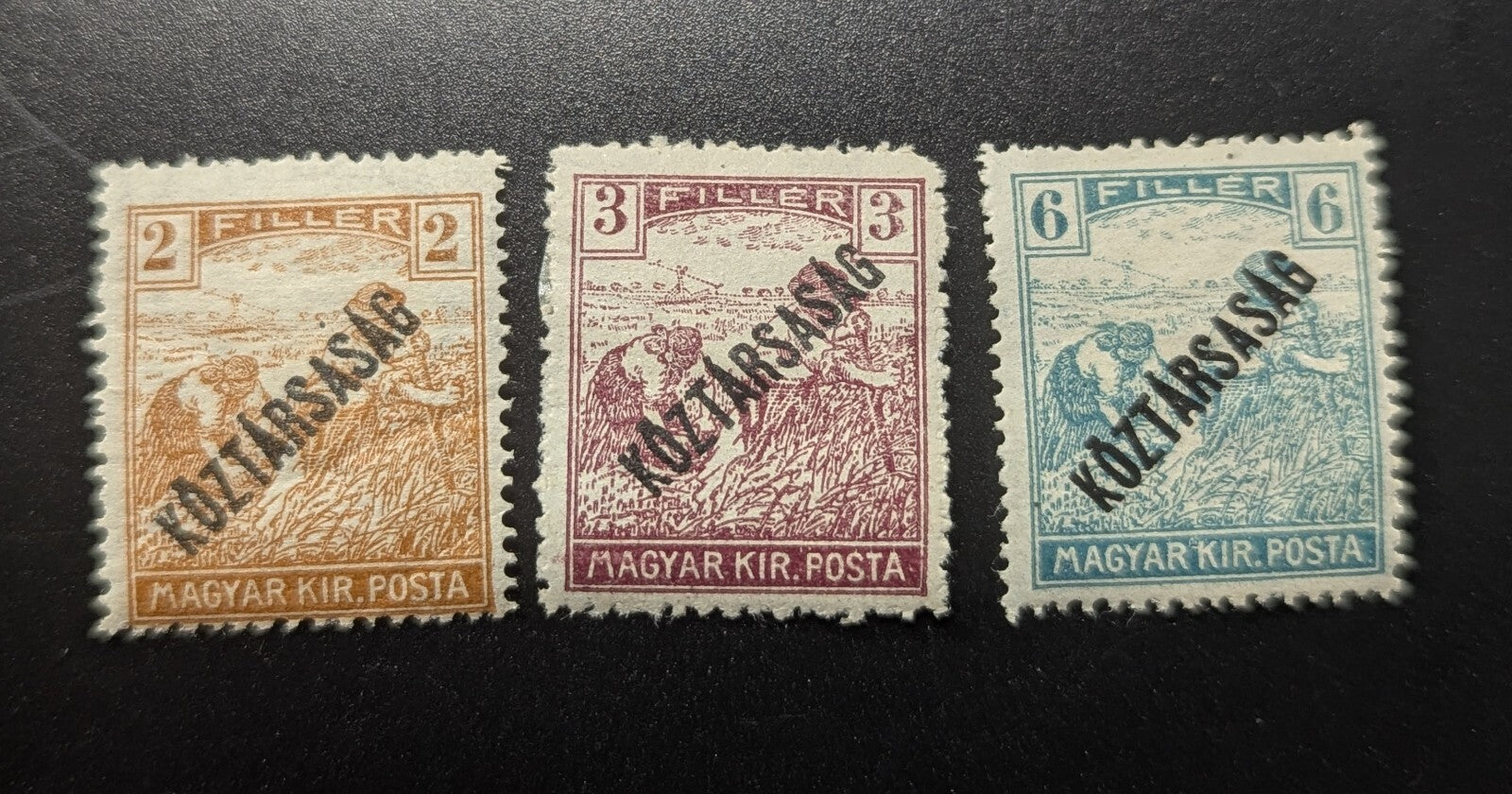 Hungary 1918 Koztarsasag Overprint Stamps Lot 2f 3f 6f Reaper Harvester Mint
