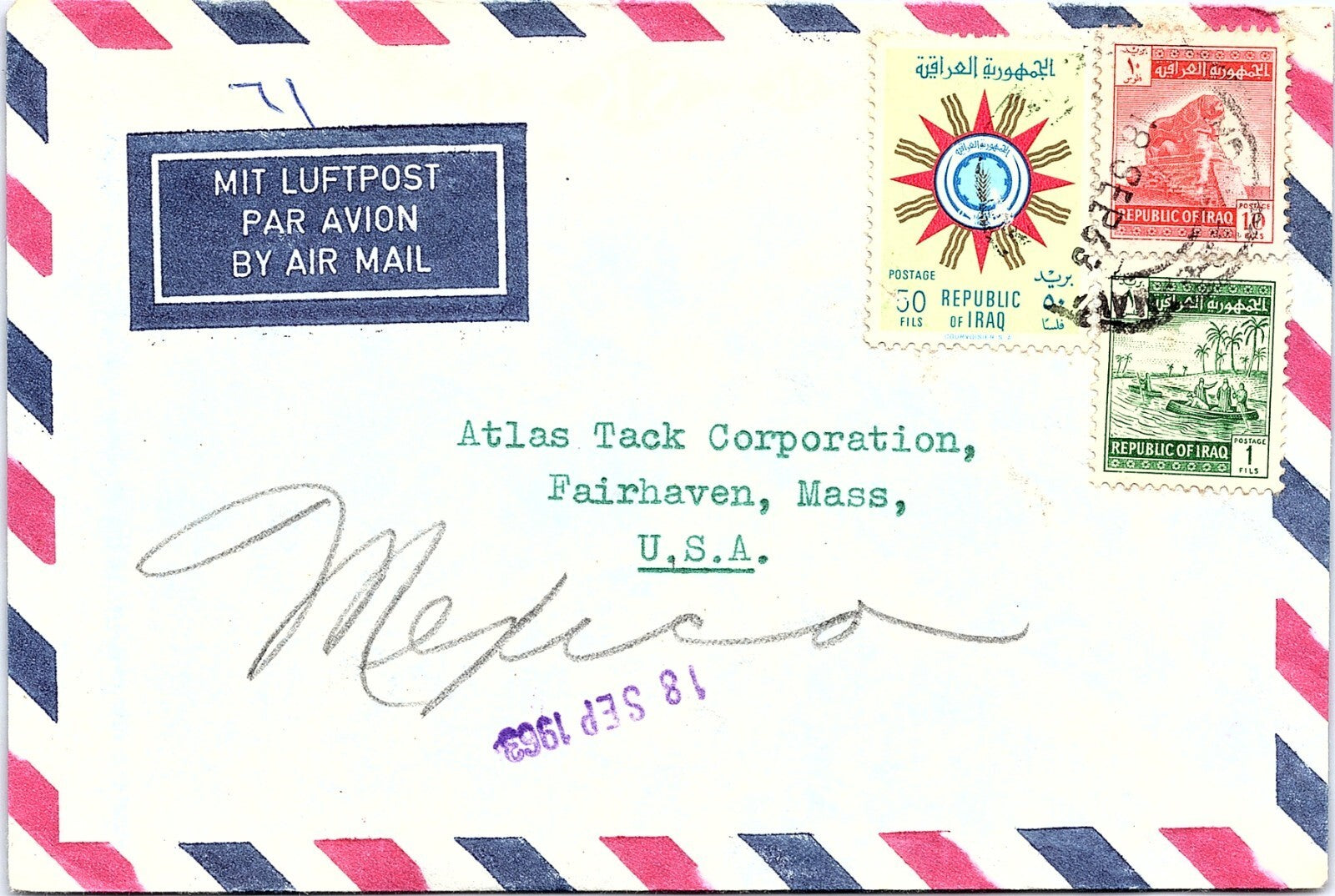 1963 Iraq to USA Airmail Cover - Republic of Iraq Stamps to Atlas Tack Corp Mass