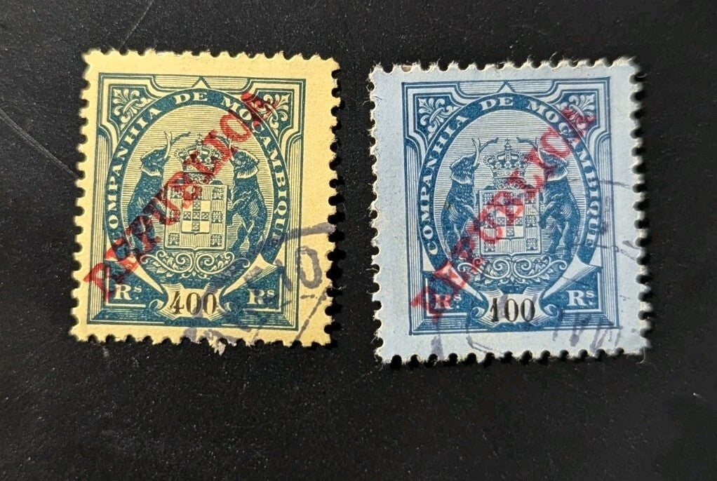 MOZAMBIQUE COMPANY  - 2 Colonial Coat of Arms 100 +400 Reis Rare 1911 VFU Stamp