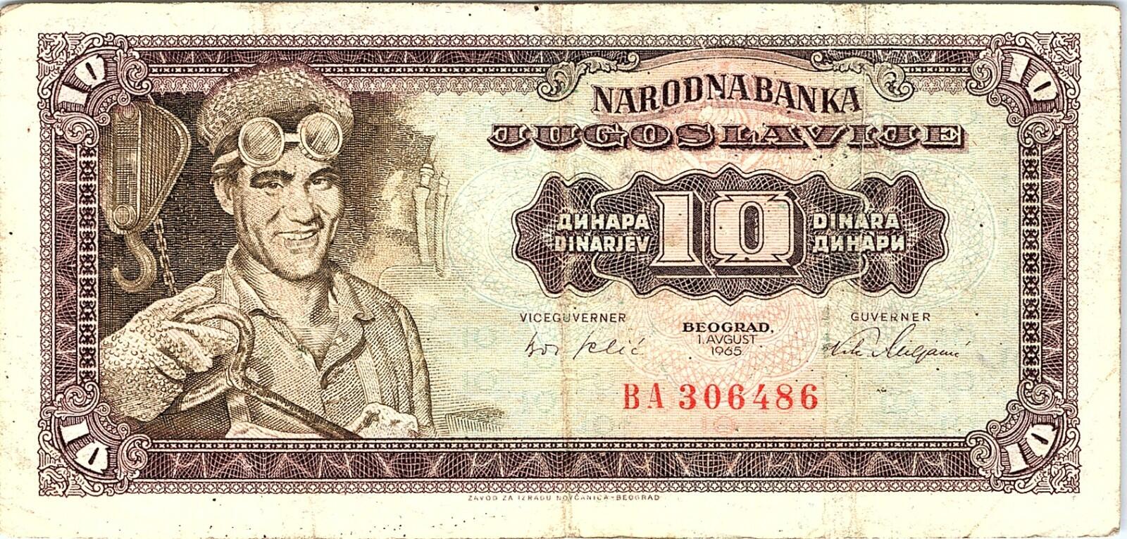 Yugoslavia 10 Dinara 1-8-1965 Better Grade Banknote