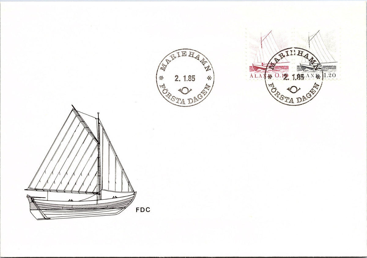 ALAND 1985 SC 1 & 5 FDC GAFF-RIGGED SHIP 10p MAGENTA & 1.2m BLACK PM MARIEHAMN