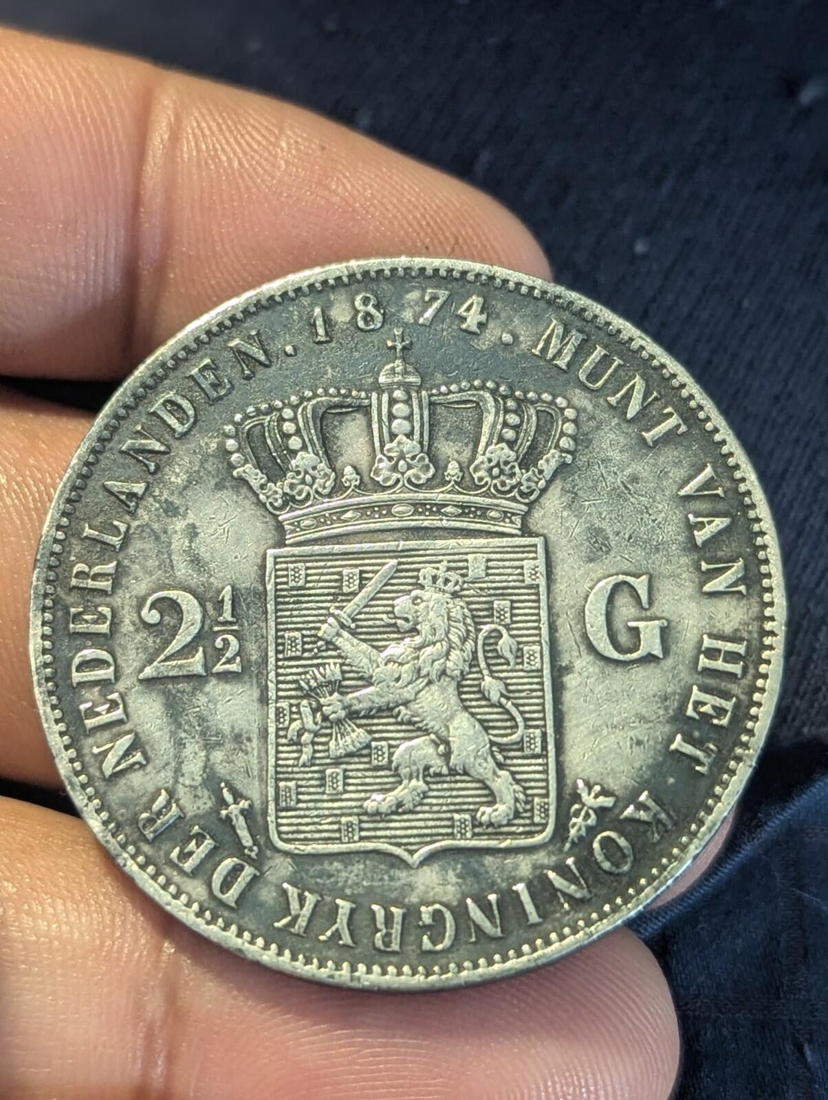 1874 Netherlands William III 2 1/2 Gulden .945 Fine Silver Coin KM# 82