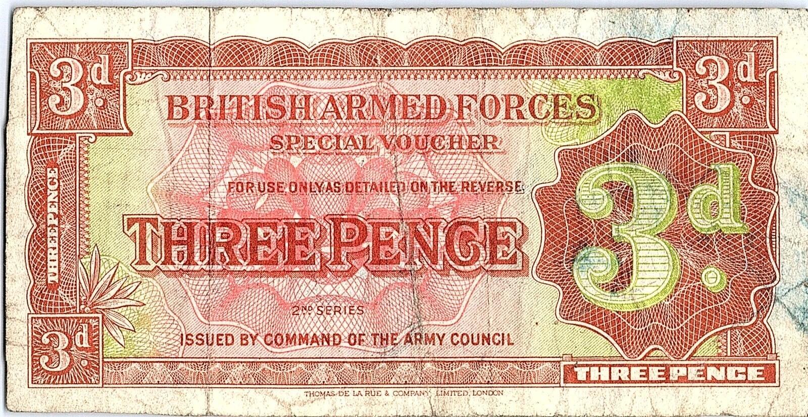 BRITISH ARMED FORCES 3d note 1948 Krause circulated- World Paper Money