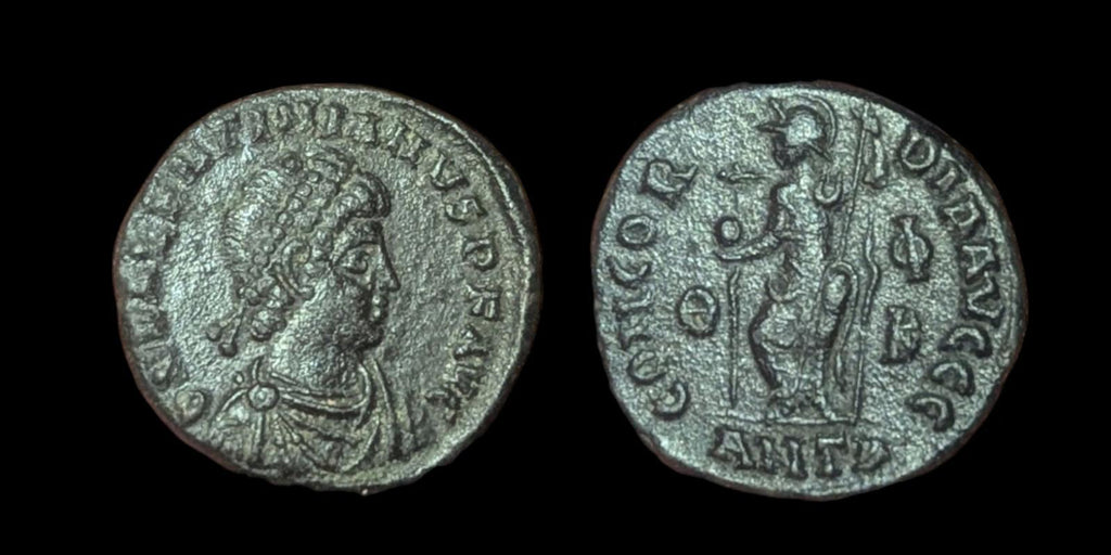 VALENTINIEN II 378 AD Monnaie romaine antique originale ROME tenant un globe, une lance