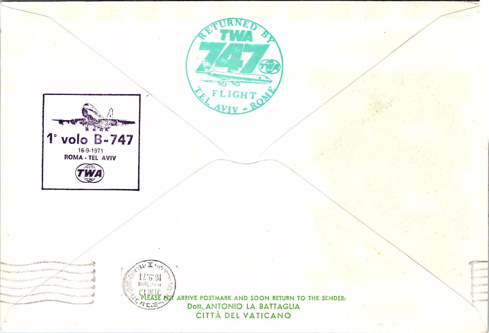 Israel Cover 1st TWA 747 Service Flight Tel-Aviv-Rome, Italy 1971. x46170