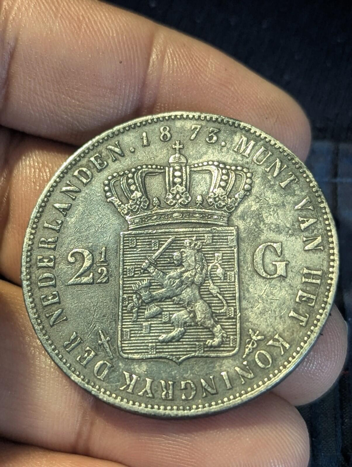 1873 Netherlands William III 2 1/2 Gulden .945 Fine Silver Coin KM# 82