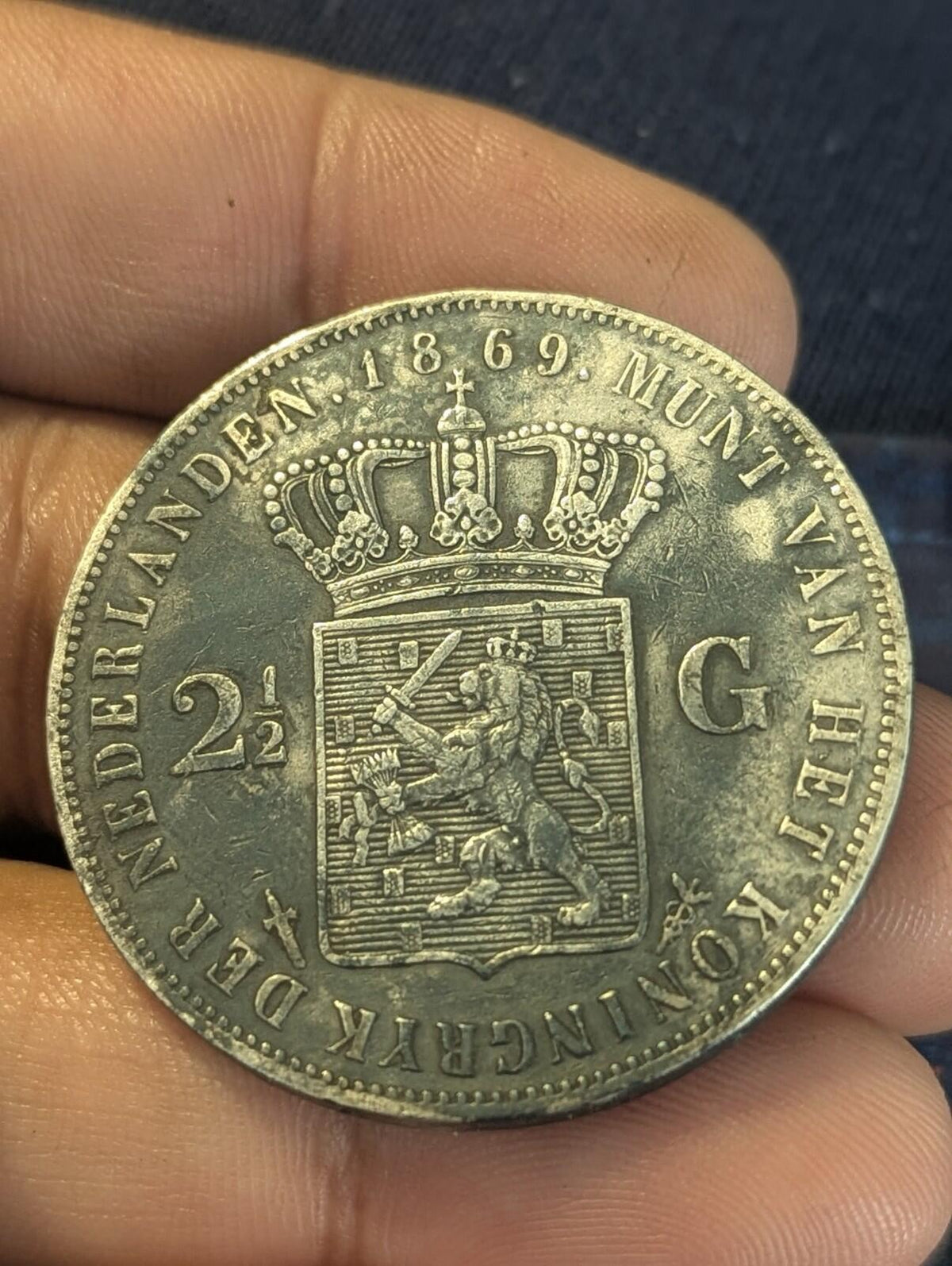1869 Netherlands William III 2 1/2 Gulden .945 Fine Silver Coin KM# 82