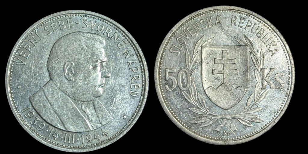 1944 RÉPUBLIQUE SLOVAQUE Jozef Tiso PIÈCE Slovaque VINTAGE en Argent de 50 Korun