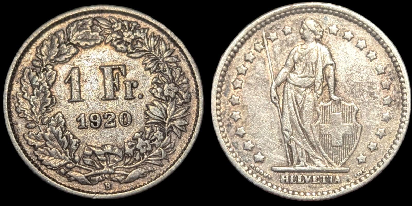 Pièce de monnaie suisse en argent de 1 franc de 1920, Helvetia debout