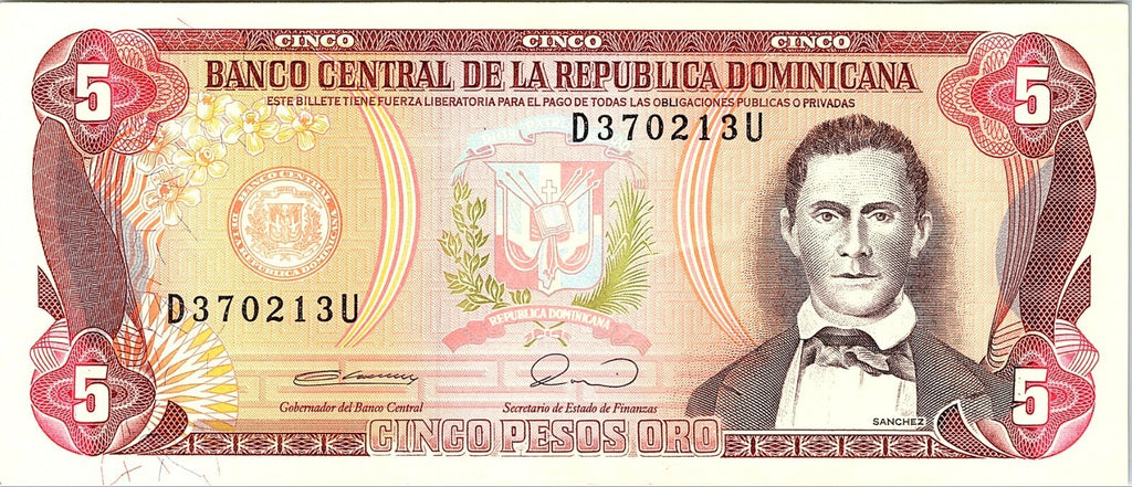 DOMINICAN REPUBLIC-5 PESOS ORO-1988 Better Grade Scarce