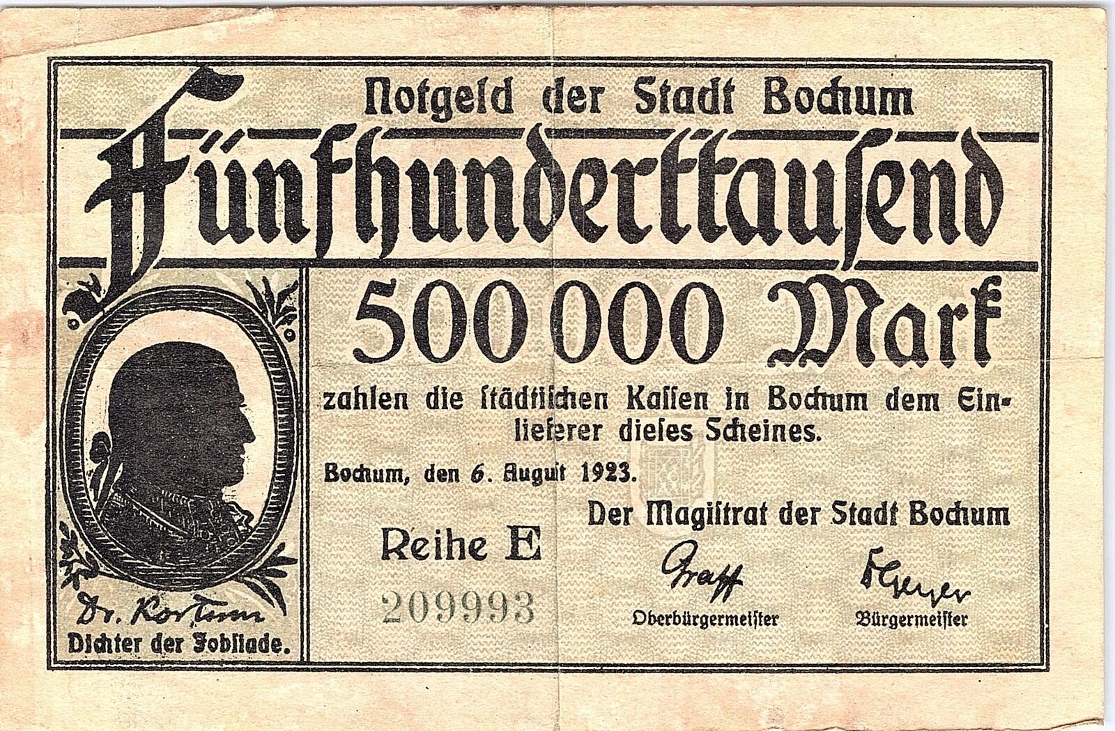 1923 Germany City Of BOCHUM 500.000 Mark Banknote Hyperinflation WWI