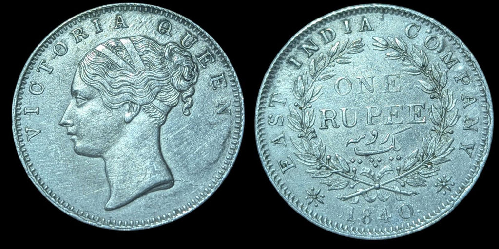 1840 British East India Co Silver Rupee Victoria Reine, Variété Légende Continue